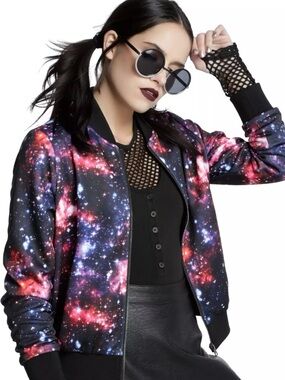 Hot Topic Galaxy Print Bomber Jacket - Black & Pink